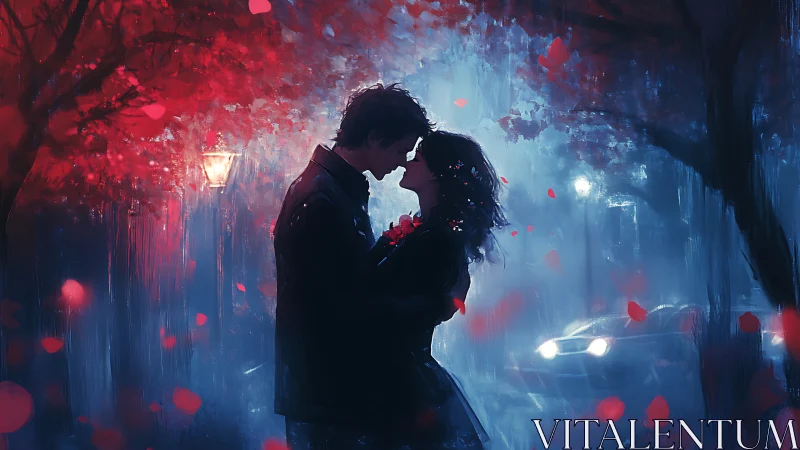 Neon Urban Romance: Digital Painting of Silhouetted Couple in Rain.
