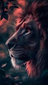 Firelit sentinel lion gazing through twilight embers.