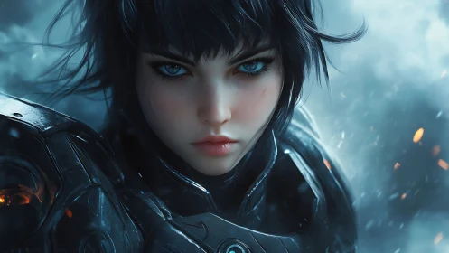 Cybernetic female warrior portrait in storm-lit exosuit