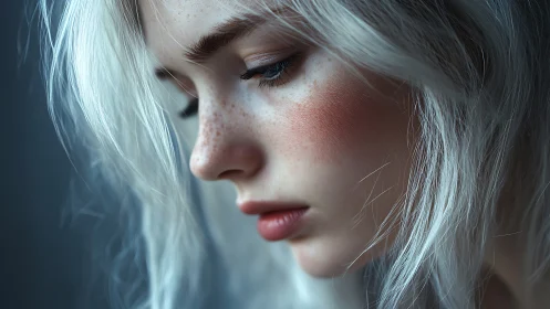 Profile portrait isolates freckled, fair skin with shallow depth