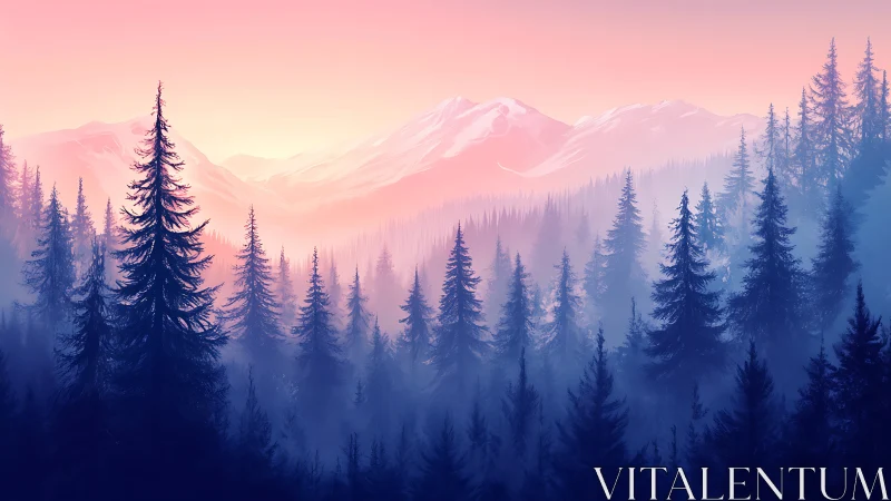 Misty Mountain Wilderness at Dawn. Soft Pink Light Over Evergreen Forest.