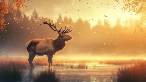 Stag stands in shallow wetland under diffused golden backlight