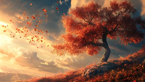 Isolated red tree on hillside with scattered autumn foliage.