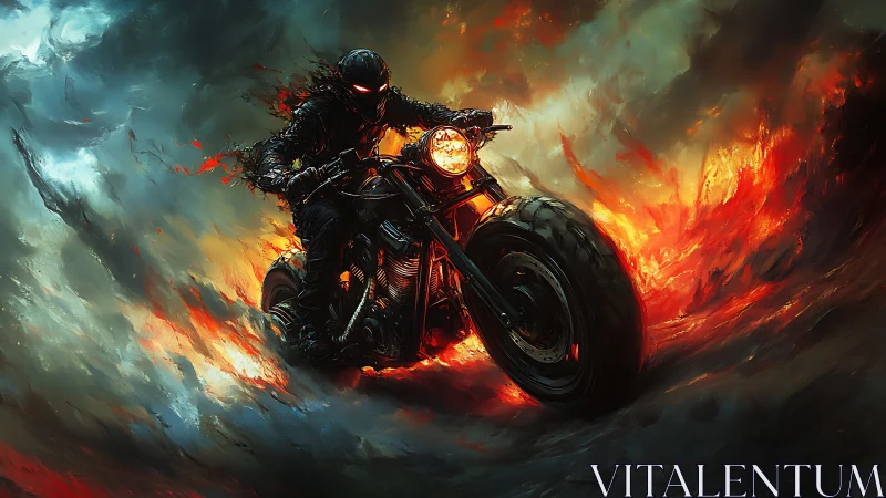 Flaming motorcycle rider charges through a storm of fire