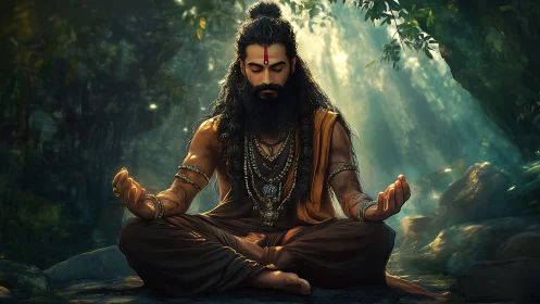 Forest yogi in lotus meditation under volumetric light rays