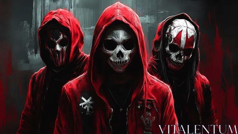 Trio of hooded skeletal mask figures in red urban jackets.