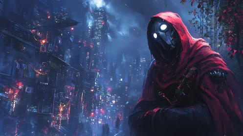 Hooded masked figure in neon lit futuristic city at night.