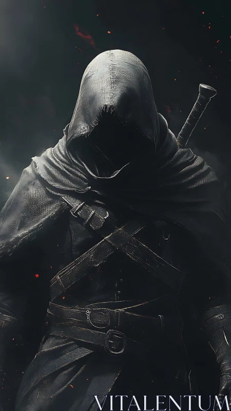 Hooded rogue warrior in dark cloak with sword on back.