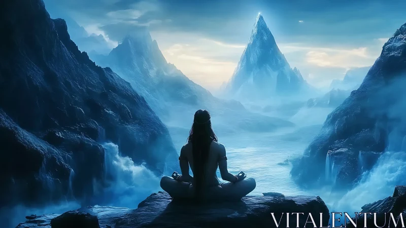 Meditating figure observes glacial canyon under volumetric blue light