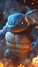 Fierce blue turtle guardian marching through swirling fire.