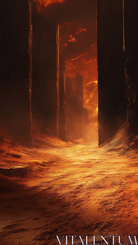 Fiery canyon corridor glows under molten storm sky.