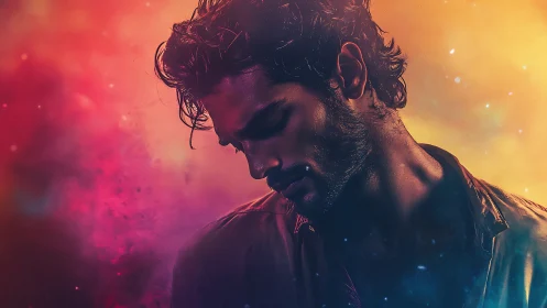 Moody male portrait glows inside vibrant cosmic haze