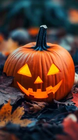 Illuminated carved pumpkin in autumn leaves at twilight.