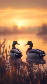 Sunrise quiet with two mallards sharing golden water.