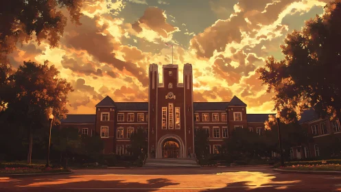 Sunset-illuminated collegiate brick facade under dramatic stratocumulus sky