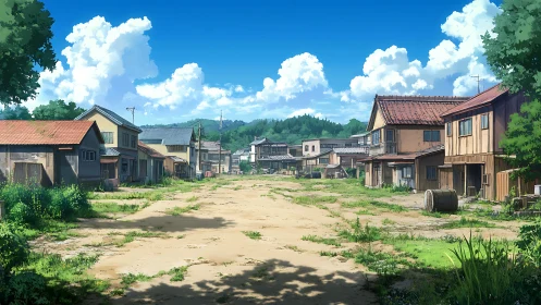 Quiet country street holds its breath under summer clouds