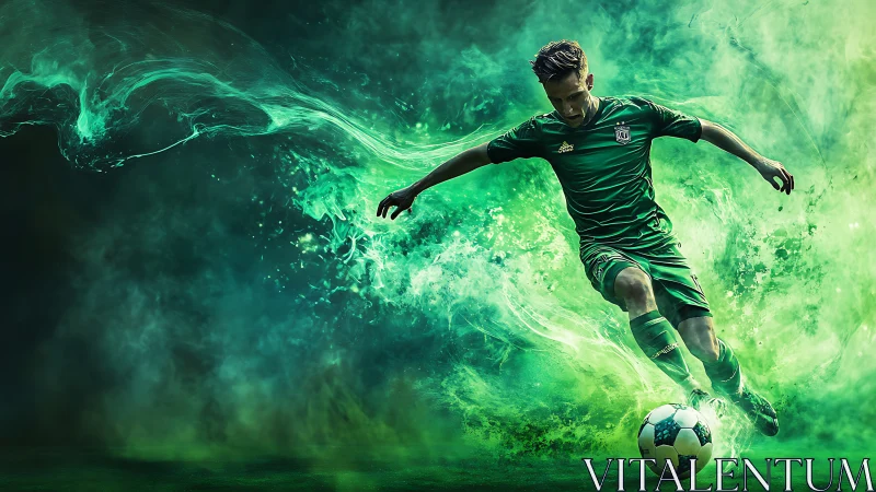 Soccer player strikes ball amid green digital energy effects