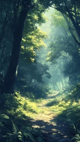 Luminous forest pathway with diffused canopy light and atmospheric depth.