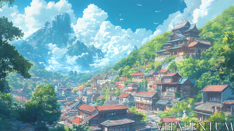 Mountain village basks under towering clouds and bright sun