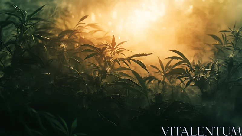 Backlit cannabis leaves glow through hazy golden sunset light.