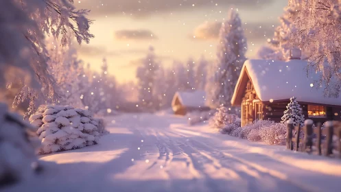 Snowy forest cabins glow under soft pastel winter sunset.