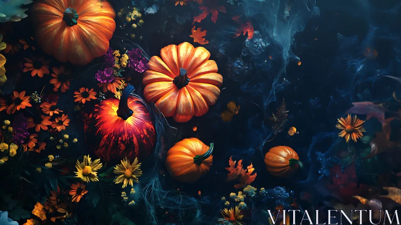 Pumpkins and autumn flowers on dark textured background.