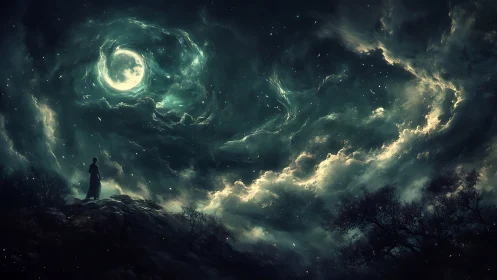 Moonlit vortex beckons a lone wanderer atop the shadowed hill