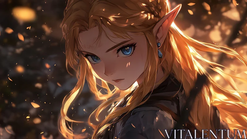 Autumn-lit elf warrior gazes back through swirling embers.