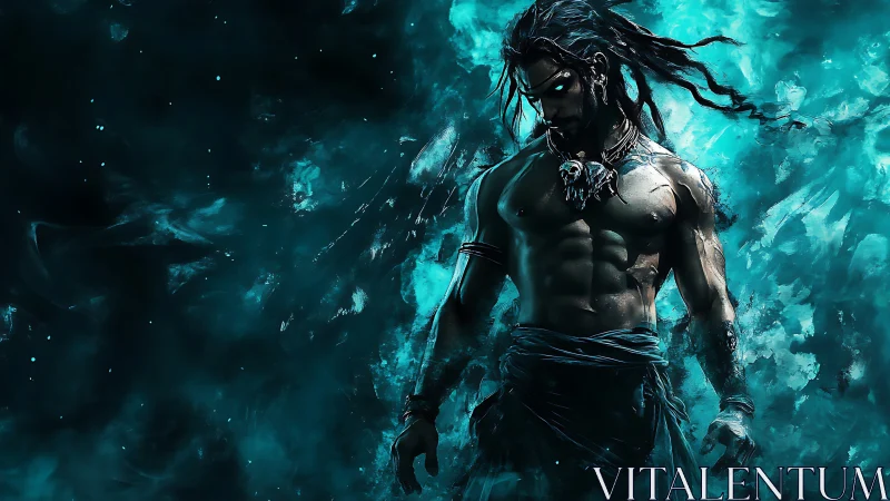 Warrior with glowing eyes stands in swirling teal mist