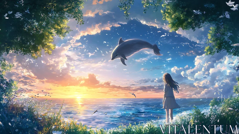 Anime seascape illustration with sunset and leaping dolphin.