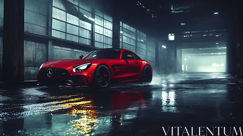 Crimson street predator idling in a rain-glossed warehouse night.