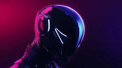 Neon cybernetic helmet silhouette under dual-tone light.