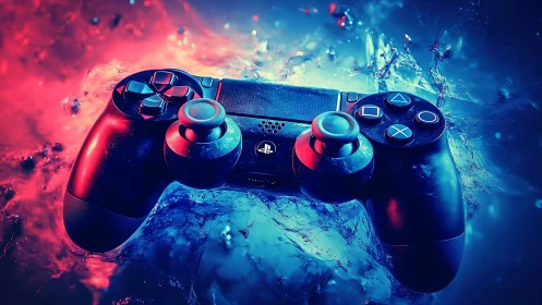 PlayStation style game controller in vivid neon splash.
