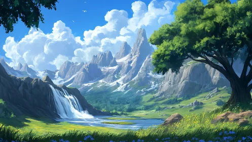 Sunlit alpine valley with cascading waterfall panorama.