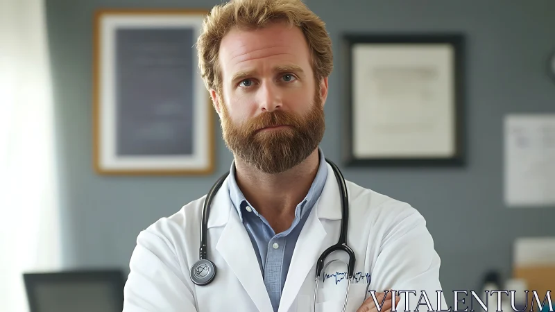 Calm bearded doctor stands poised in a softly lit clinic.