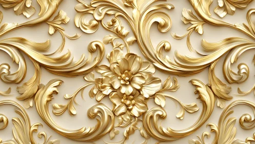 Ornate gold floral baroque pattern on cream background, decorative style.