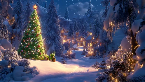 Snowy village Christmas tree under starlit winter sky.