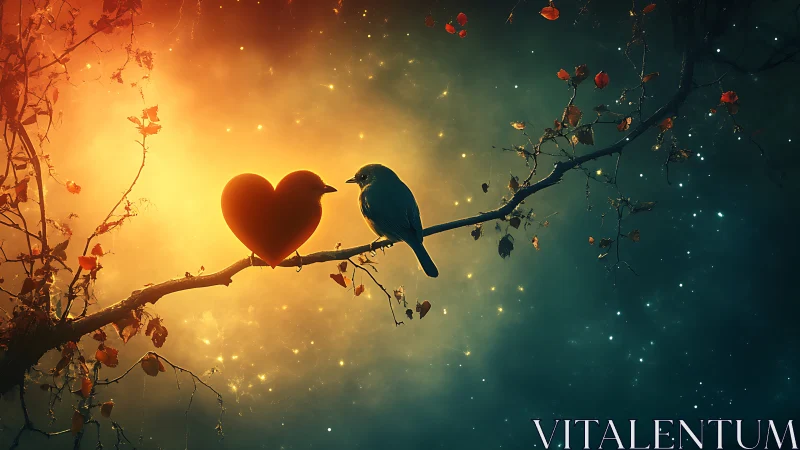 Bird and Heart on Branch Against Luminous Gradient Sky.