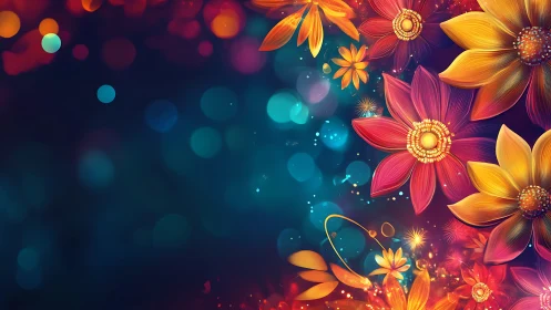Vibrant Floral Fantasy with Glowing Bokeh Elements.