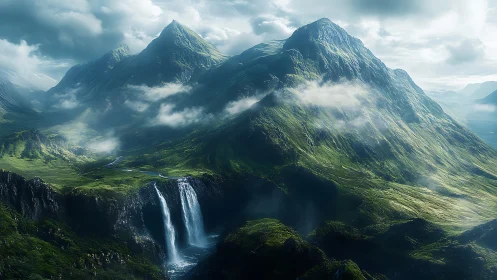 Sunlit emerald mountains rise above mist and twin falls