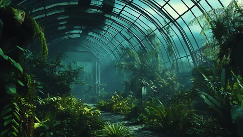Abandoned glass greenhouse shelters dense overgrown jungle