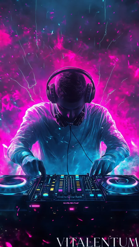 Neon storm DJ mixing under vivid cyberpunk lights.