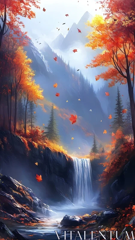 Mountain waterfall framed by autumn forest and mist.