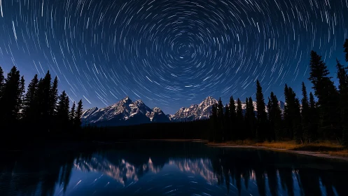 Mountain lake under circular star trails in deep night sky.