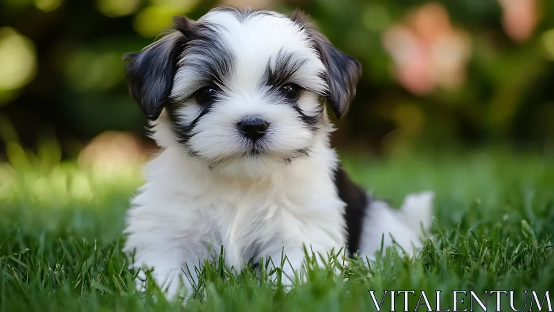 Fluffy black and white puppy resting in vivid summer lawn.