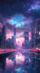Neon river city glows softly beneath a dreamy cosmic sky