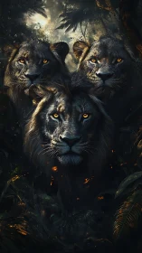 Three Lions with Glowing Eyes in Dark Jungle Setting.