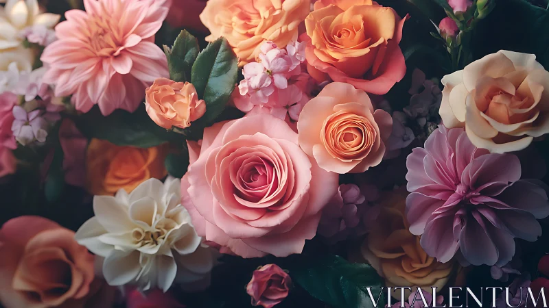 Lush Floral Arrangement With Roses, Dahlias, and Ranunculus.