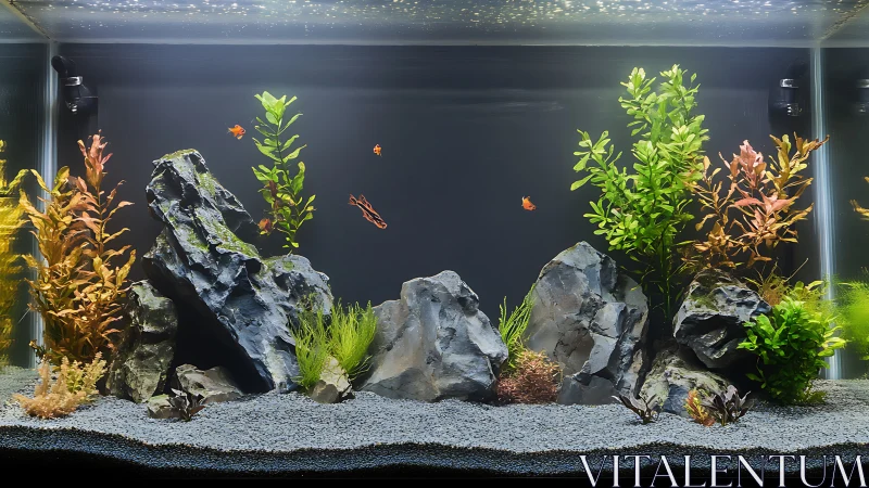 Serene aquascape aquarium highlights rocks, plants and fish