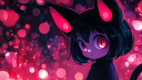 Neon-eyed catgirl gazes through glowing pink bokeh night.